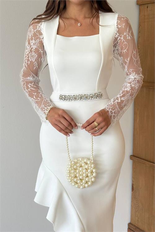 Dipmoda kadın dantel detaylı taş kemerli asimetrik abiye elbise DPNC2603