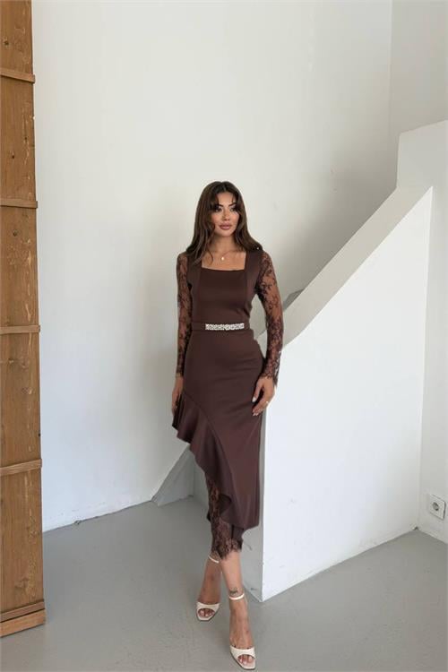 Dipmoda kadın dantel detaylı taş kemerli asimetrik abiye elbise DPNC2603