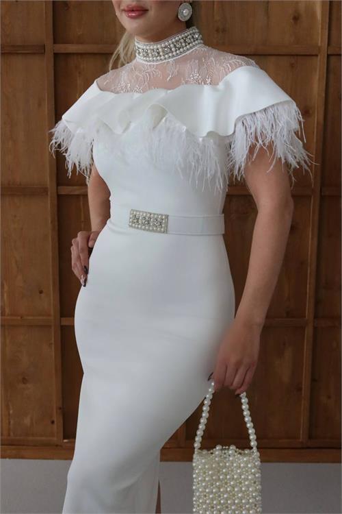 Dipmoda kadın dantel ve tüy detaylı taş kemerli midi tasarım elbise DPNC2521