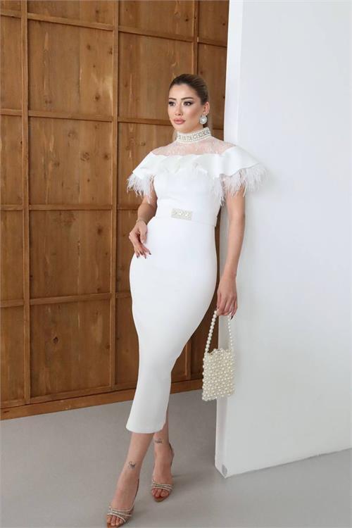 Dipmoda kadın dantel ve tüy detaylı taş kemerli midi tasarım elbise DPNC2521