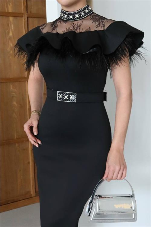 Dipmoda kadın dantel ve tüy detaylı taş kemerli midi tasarım elbise DPNC2521