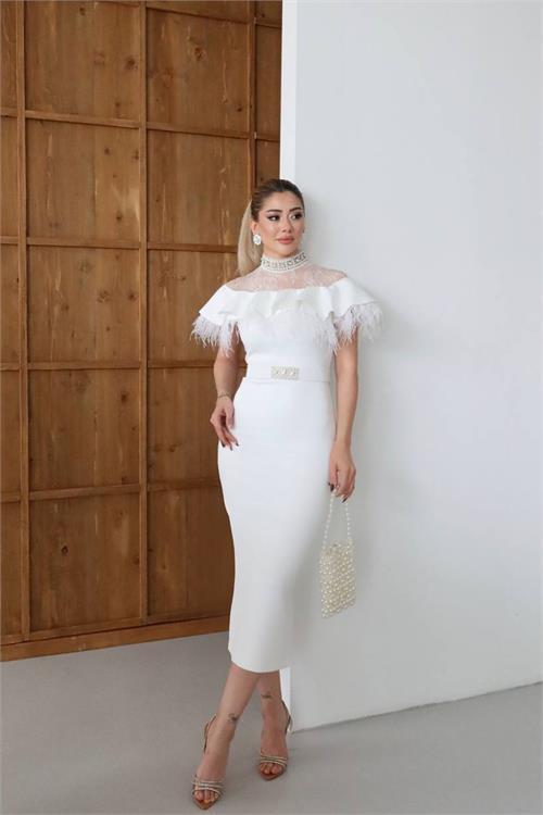 Dipmoda kadın dantel ve tüy detaylı taş kemerli midi tasarım elbise DPNC2521