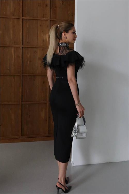 Dipmoda kadın dantel ve tüy detaylı taş kemerli midi tasarım elbise DPNC2521