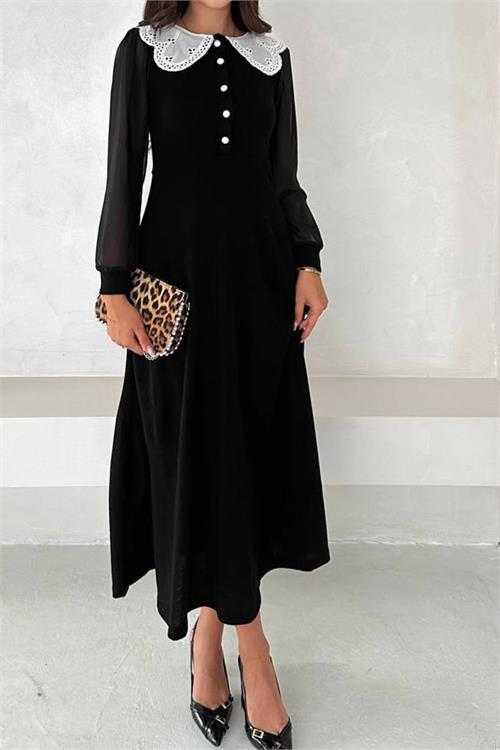 Dipmoda kadın dantel yaka düğmeli midi elbise RY4301