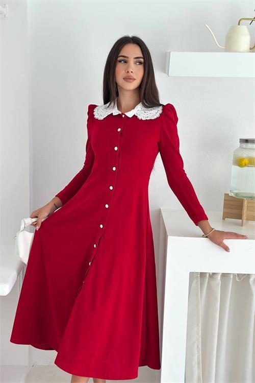 Dipmoda kadın dantel yaka düğmeli uzun kol elbise DPK4302