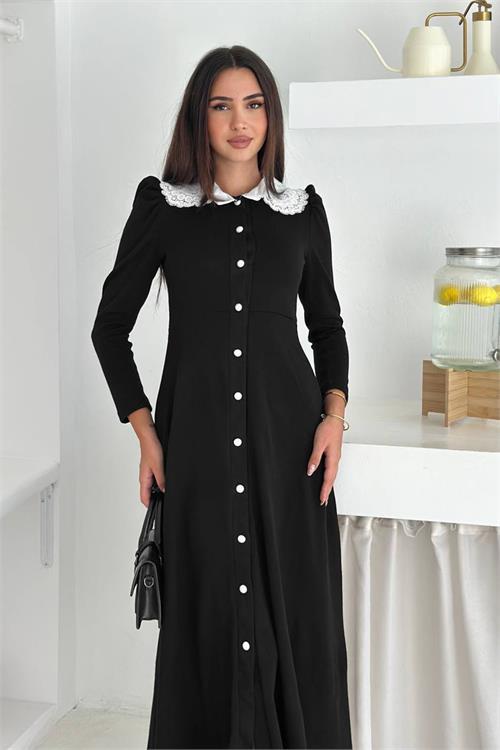 Dipmoda kadın dantel yaka düğmeli uzun kol elbise DPK4302