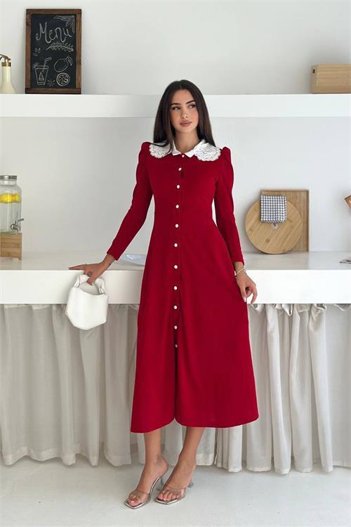 Dipmoda kadın dantel yaka düğmeli uzun kol elbise DPK4302