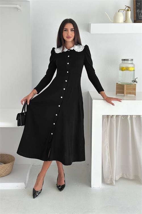 Dipmoda kadın dantel yaka düğmeli uzun kol elbise DPK4302