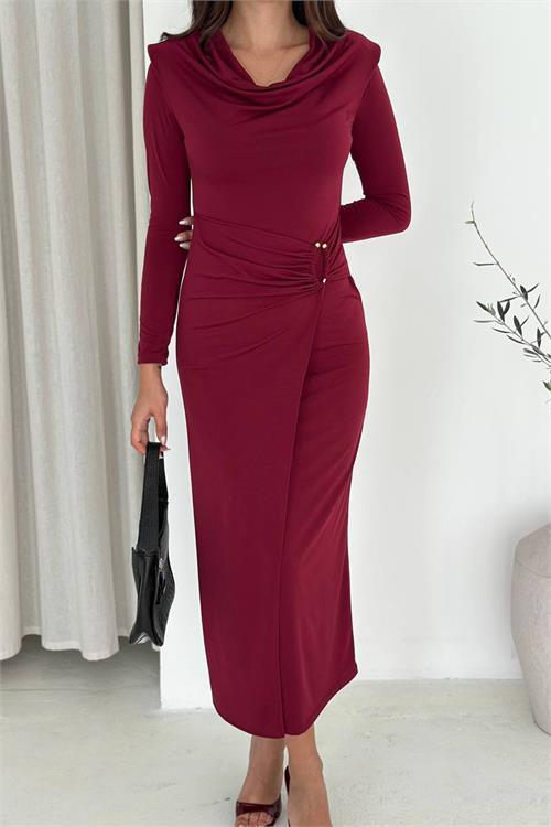 Dipmoda kadın degaje yaka bel drapeli elbise DPK4359