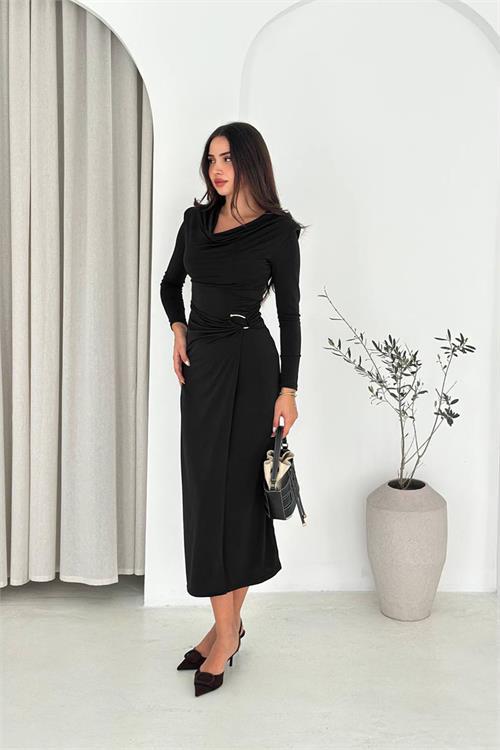 Dipmoda kadın degaje yaka bel drapeli elbise DPK4359