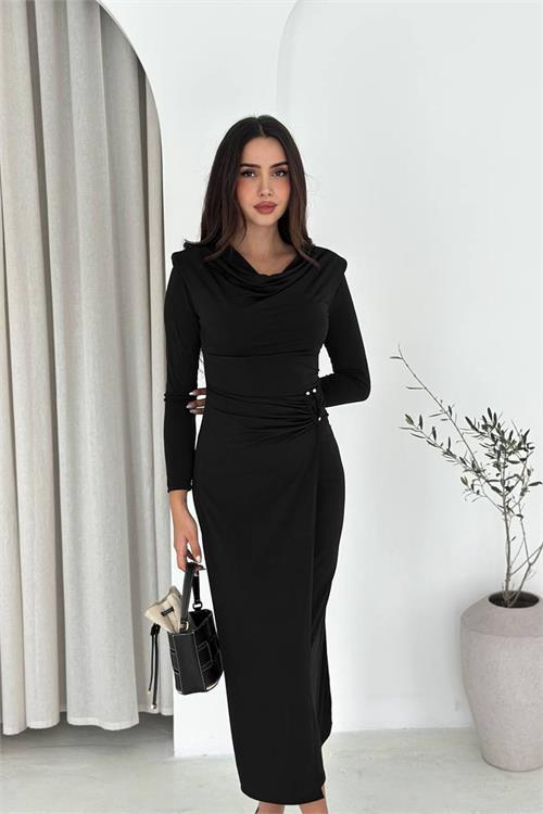 Dipmoda kadın degaje yaka bel drapeli elbise DPK4359