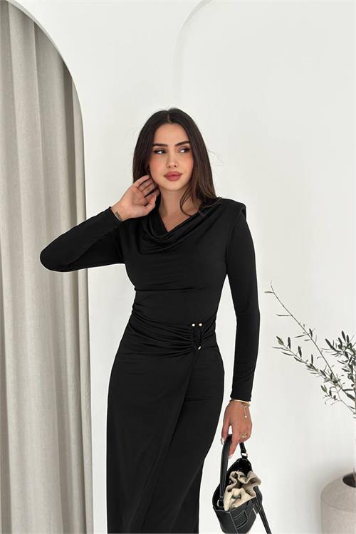 Dipmoda kadın degaje yaka bel drapeli elbise DPK4359