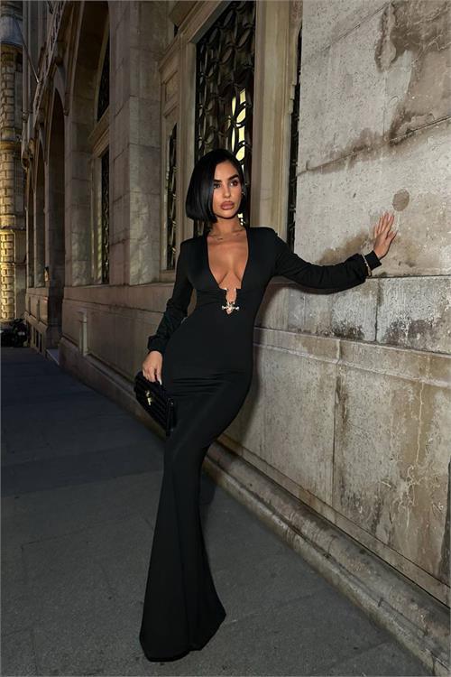 Dipmoda kadın derin dekolteli uzun kollu gold toka detaylı maxi boy elbise DPDF173