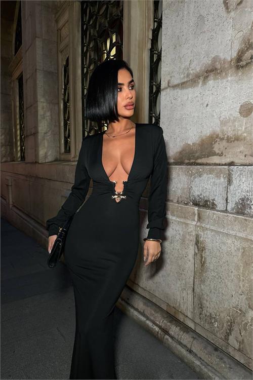 Dipmoda kadın derin dekolteli uzun kollu gold toka detaylı maxi boy elbise DPDF173