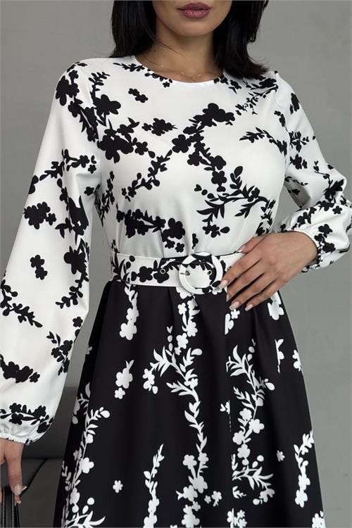 Dipmoda kadın desenli atlas kumaş kemerli elbise DPMS2530