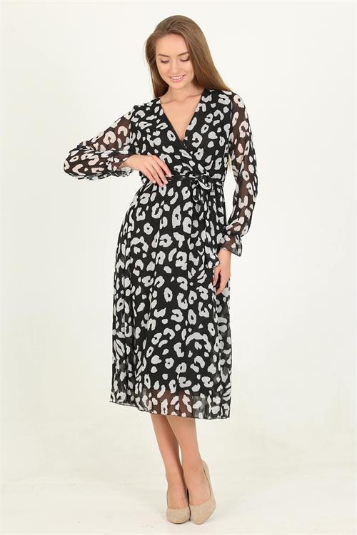 Dipmoda kadın desenli bağlama detaylı midi boy astarlı şifon elbise RSSN14 