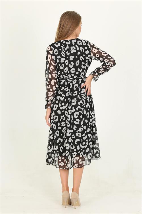 Dipmoda kadın desenli bağlama detaylı midi boy astarlı şifon elbise RSSN14 