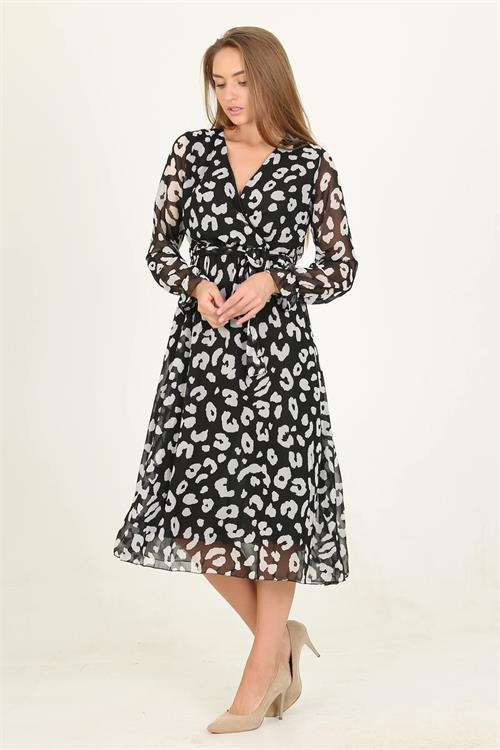 Dipmoda kadın desenli bağlama detaylı midi boy astarlı şifon elbise RSSN14 