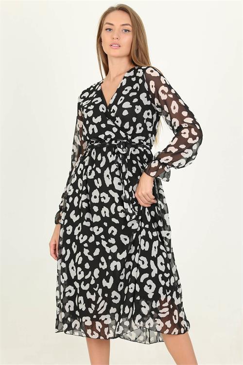 Dipmoda kadın desenli bağlama detaylı midi boy astarlı şifon elbise RSSN14 