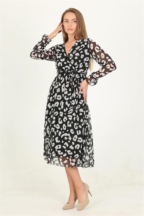 Dipmoda kadın desenli bağlama detaylı midi boy astarlı şifon elbise RSSN14 