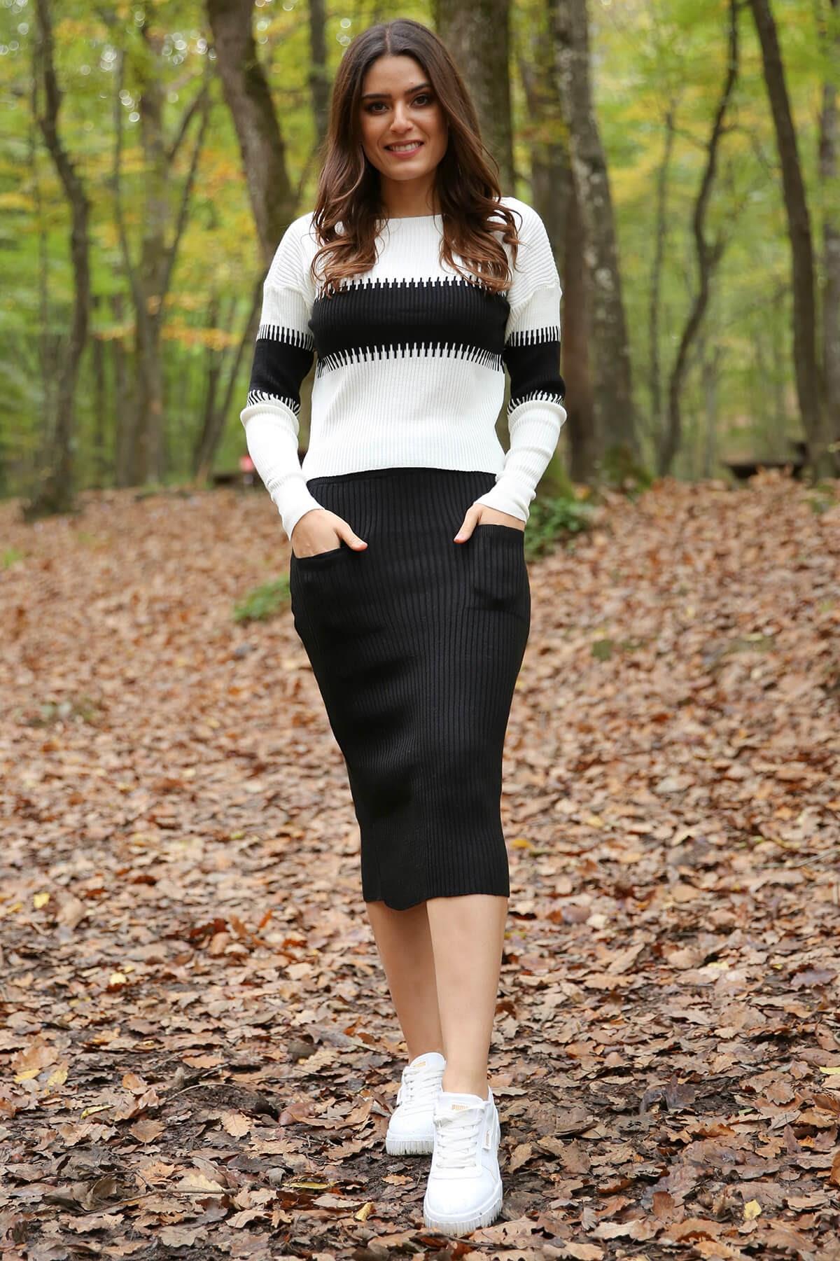 Dipmoda Kadın Desenli Cep Detaylı Yeni Sezon Kışlık İkili Triko Takım DPNB7152