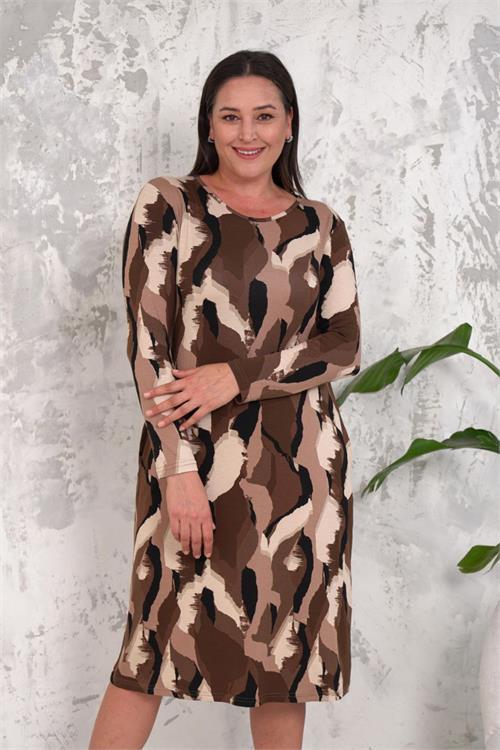 Dipmoda kadın desenli gizli cep detaylı büyük beden elbise NBA022