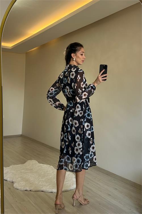 Dipmoda kadın desenli gömlek yaka midi elbise NM011