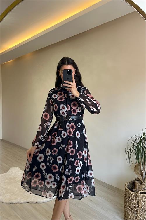 Dipmoda kadın desenli gömlek yaka midi elbise NM011