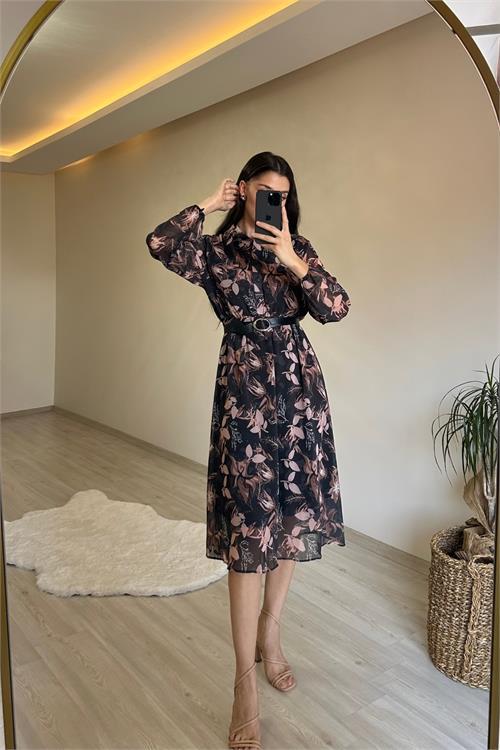 Dipmoda kadın desenli gömlek yaka midi elbise NM011