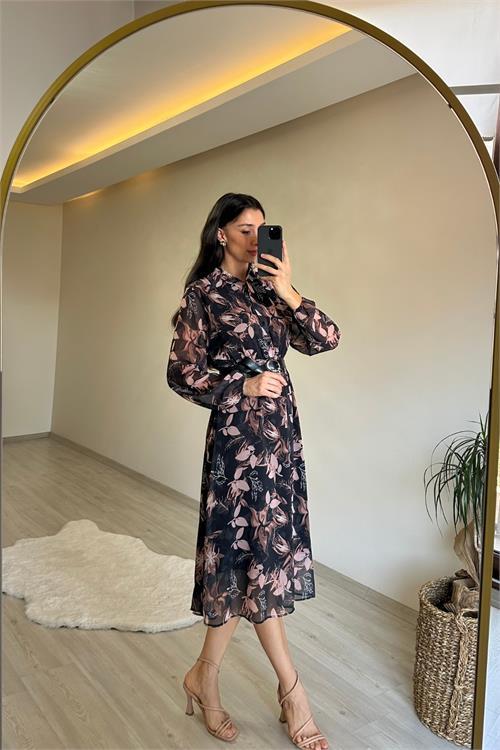 Dipmoda kadın desenli gömlek yaka midi elbise NM011