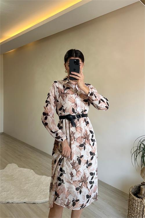 Dipmoda kadın desenli gömlek yaka midi elbise NM011