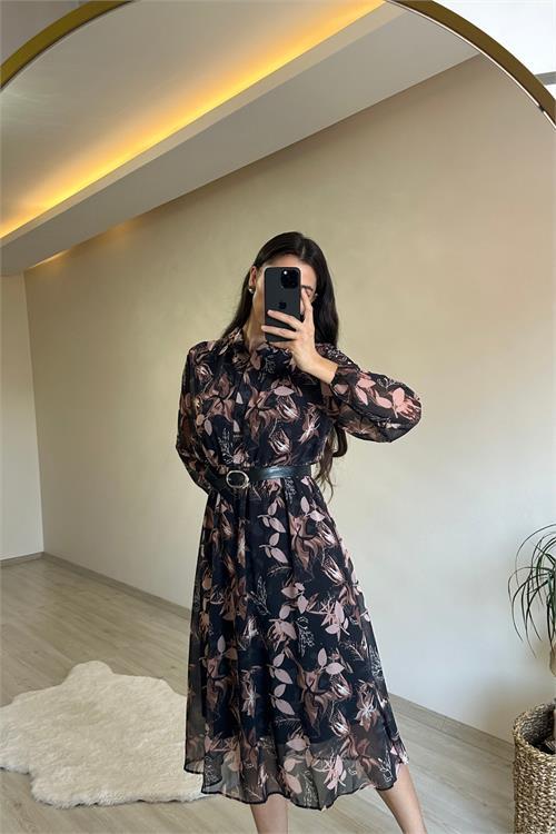 Dipmoda kadın desenli gömlek yaka midi elbise NM011