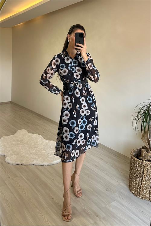 Dipmoda kadın desenli gömlek yaka midi elbise NM011