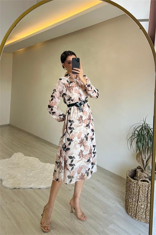 Dipmoda kadın desenli gömlek yaka midi elbise NM011
