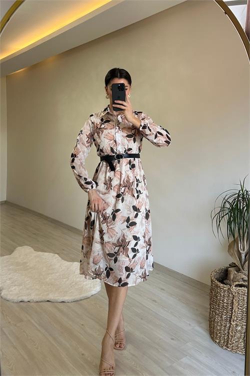 Dipmoda kadın desenli gömlek yaka midi elbise NM011