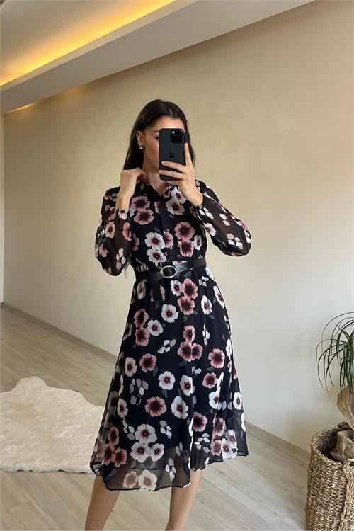 Dipmoda kadın desenli gömlek yaka midi elbise NM011