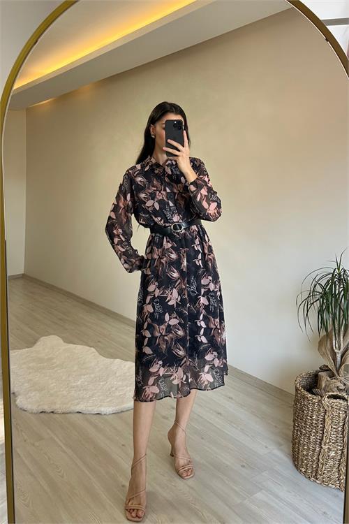 Dipmoda kadın desenli gömlek yaka midi elbise NM011