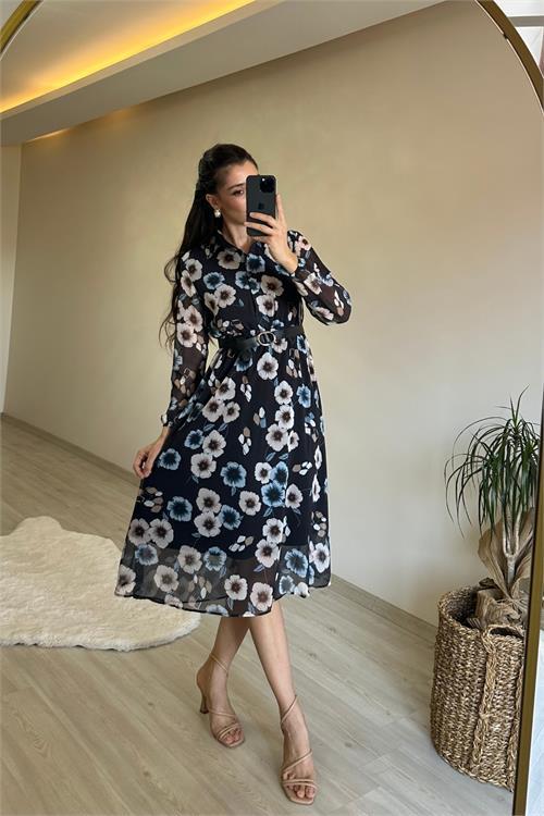 Dipmoda kadın desenli gömlek yaka midi elbise NM011