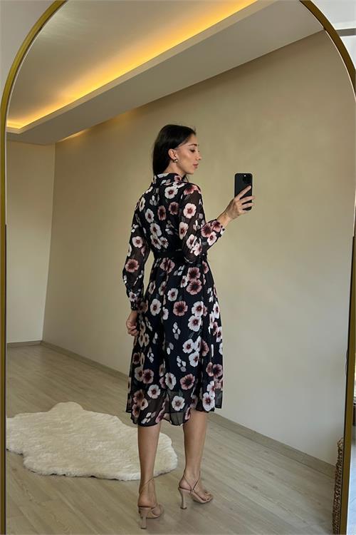 Dipmoda kadın desenli gömlek yaka midi elbise NM011
