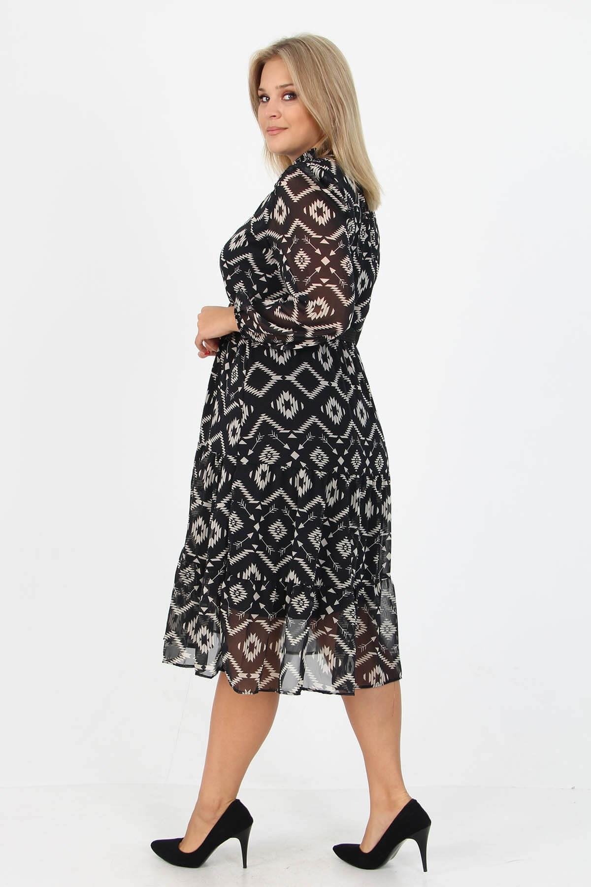 Dipmoda kadın desenli midi boy büyük beden kemerli şifon elbise APCX18 