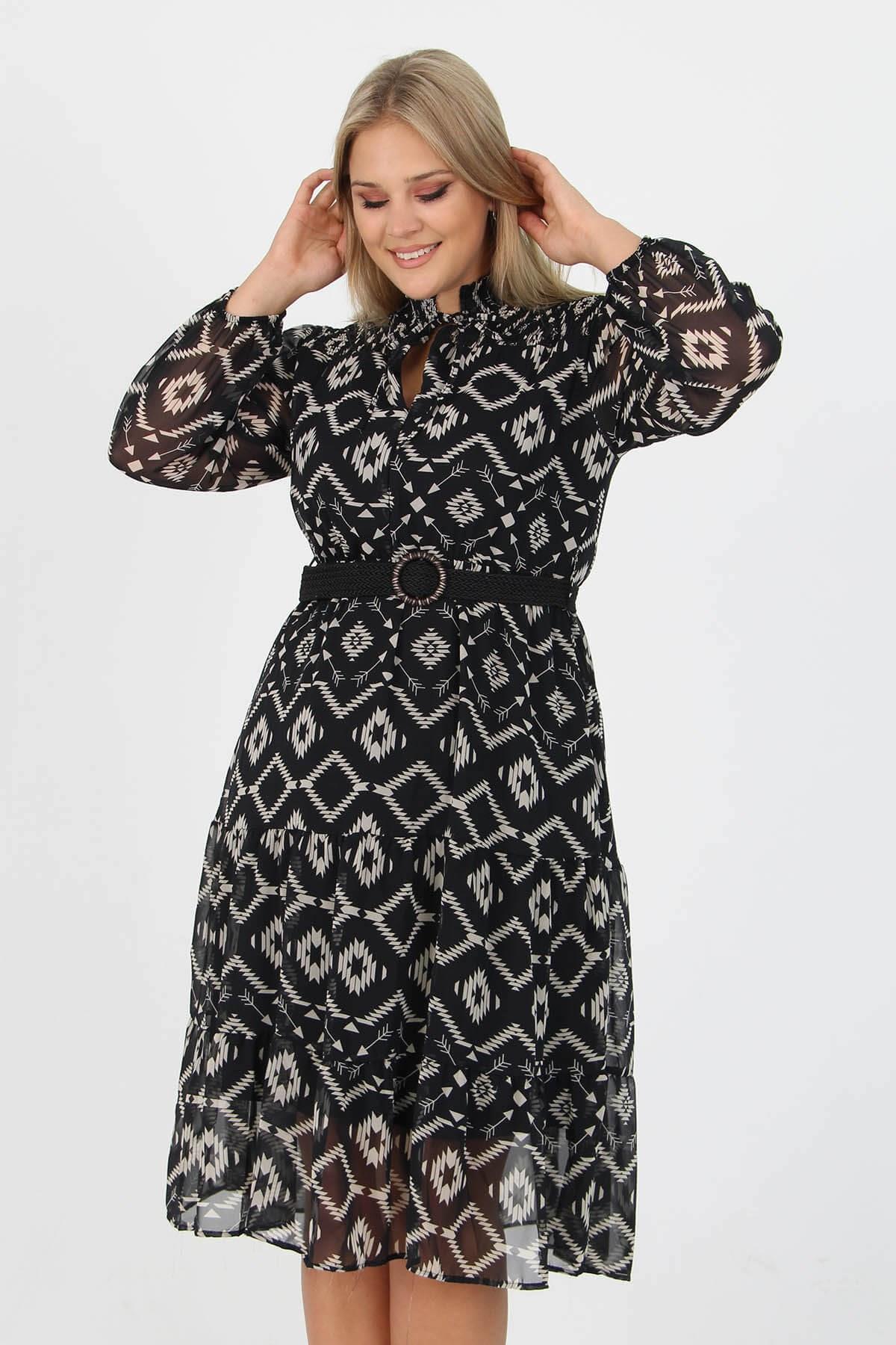 Dipmoda kadın desenli midi boy büyük beden kemerli şifon elbise APCX18 