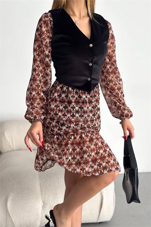 Dipmoda kadın desenli mini yelekli şifon elbise DPNBKKLF2028