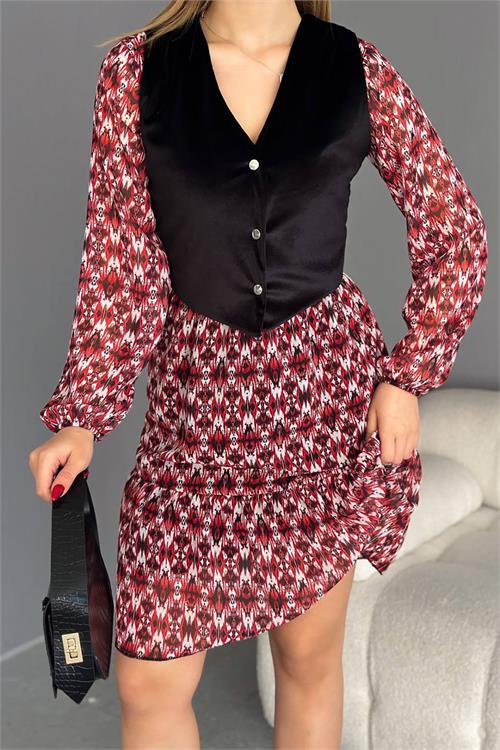 Dipmoda kadın desenli mini yelekli şifon elbise NBKKLF2028 