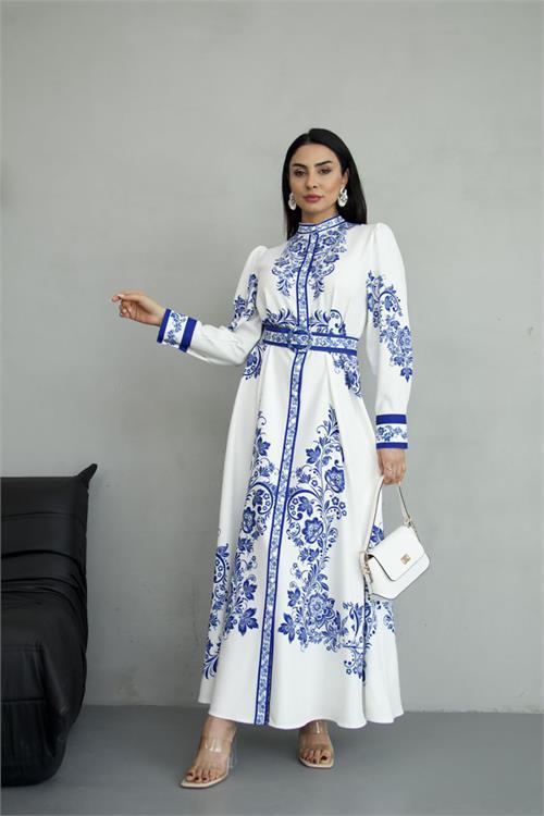 Dipmoda kadın desenli yazlık uzun elbise DPMS250210