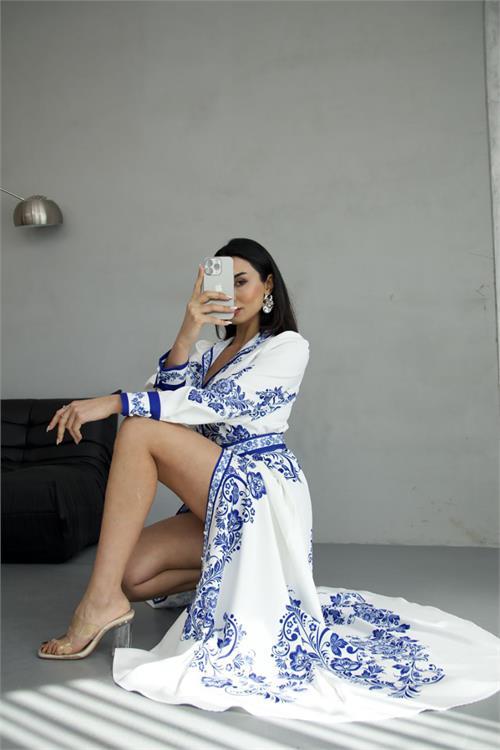 Dipmoda kadın desenli yazlık uzun elbise DPMS250210