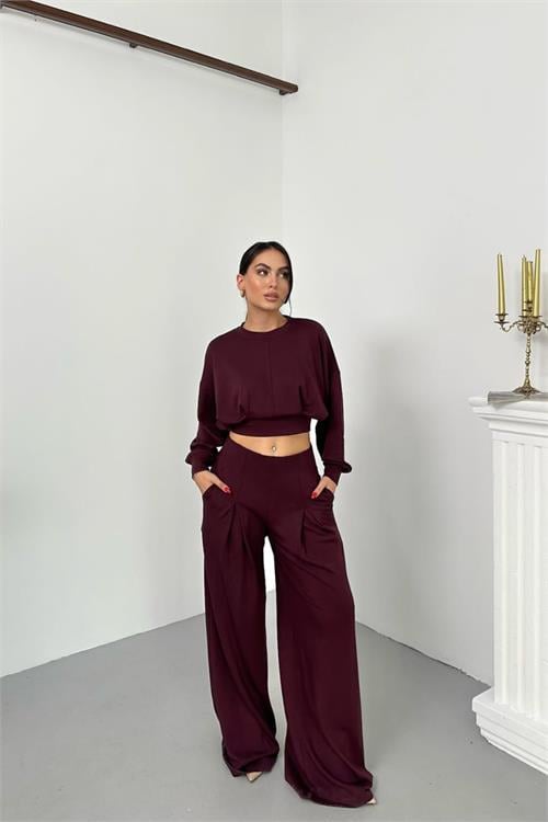 Dipmoda kadın dikiş detaylı crop sweat bol paça eşofman altı modal kumaş ikili takım DPNP017