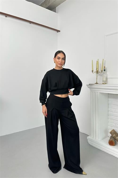 Dipmoda kadın dikiş detaylı crop sweat bol paça eşofman altı modal kumaş ikili takım DPNP017