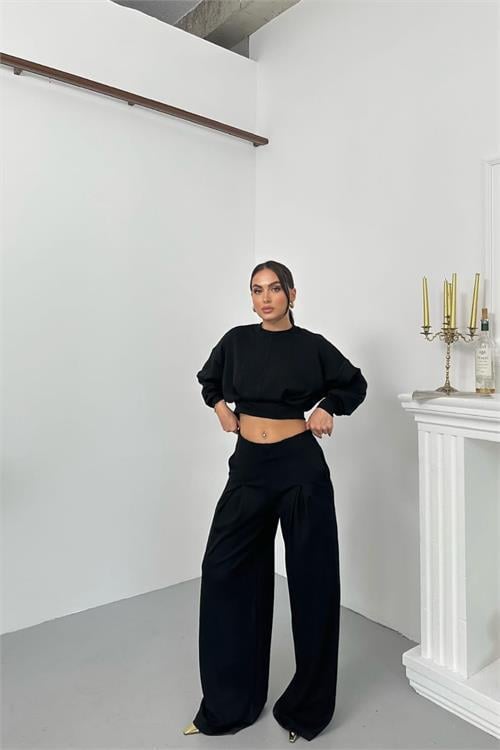 Dipmoda kadın dikiş detaylı crop sweat bol paça eşofman altı modal kumaş ikili takım DPNP017