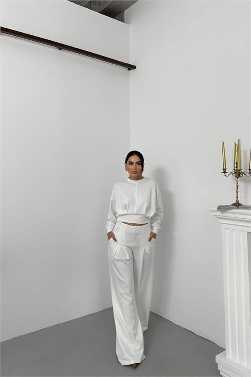 Dipmoda kadın dikiş detaylı crop sweat bol paça eşofman altı modal kumaş ikili takım DPNP017