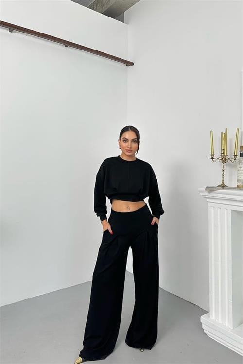 Dipmoda kadın dikiş detaylı crop sweat bol paça eşofman altı modal kumaş ikili takım DPNP017